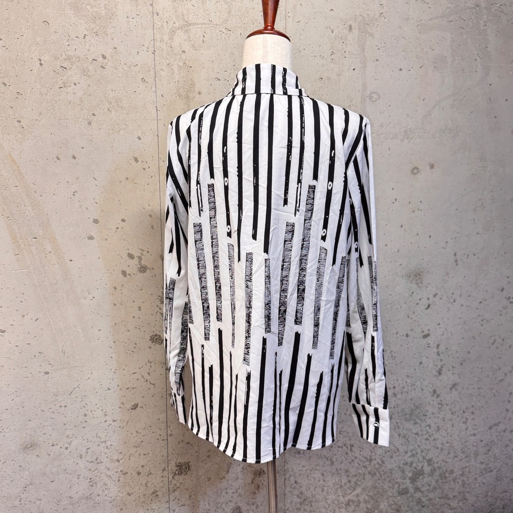 Patrizia Luca Milano Button Down Shirt Womens L White Black Stripe Draped Chic - Picture 2 of 9